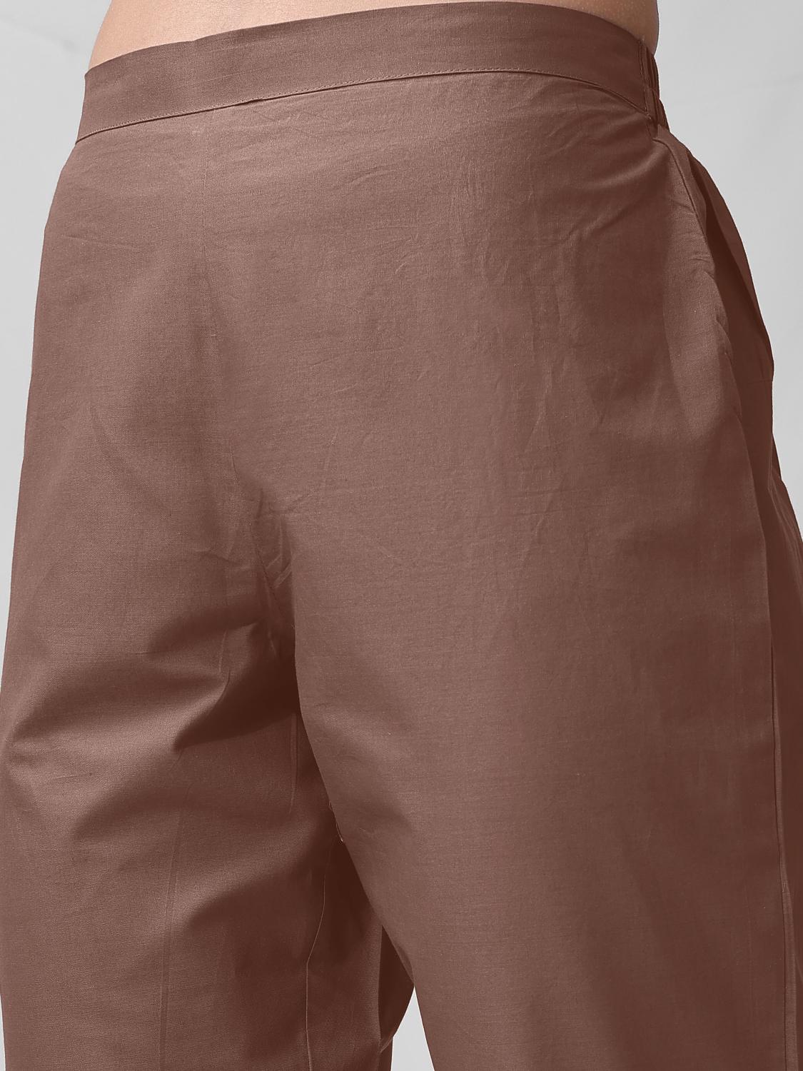 Brown Cotton Gathered Kurta Set With Dupatta & Yoke Embroidery